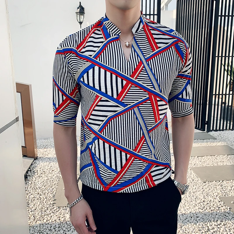 فضفاض هندسية كتلة المطبوعة قصيرة الأكمام قميص للرجال 2118-P55