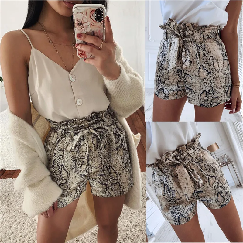 

Fashion Women Girl Snake Skin Print Shorts Casual Ladies High Waist Tie Belt Shorts Ladies Loose Shorts Summer Hot Shorts