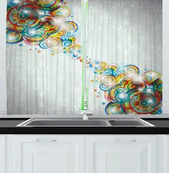 

Abstract Kitchen Curtains Modern Design Rainbow Like Waves and Circles Patterned in Disco Themed Artwork Window Decor Panel