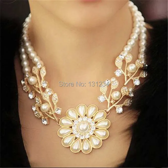 wholesale luxury Simulated pearl chain rhinestone crystal flower choker necklace wholesale luxury Simulated pearl chain rhinestone crystal flower choker necklace