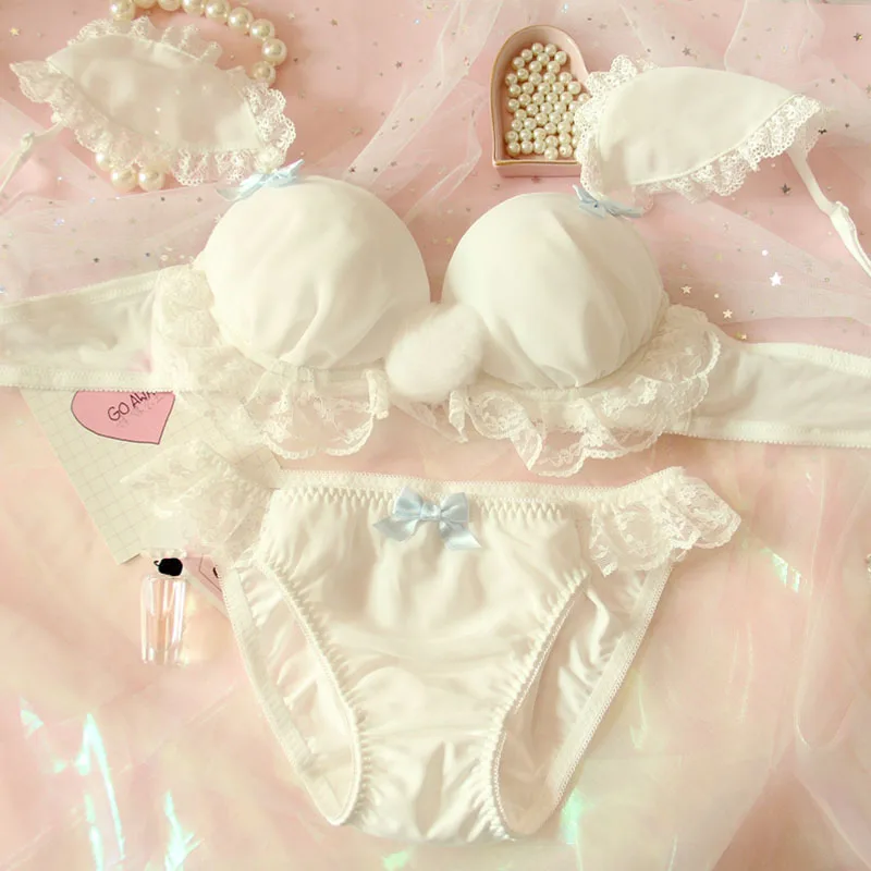 

Japanese girl lovely hair bulb heart bunny ears chiffon lace with rims push up bra and panty set soutien gorge femme