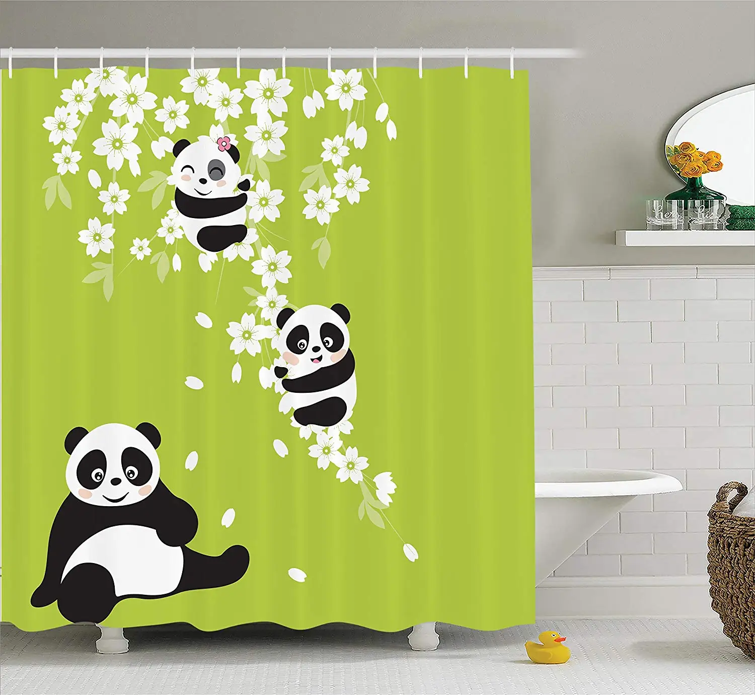 Animal Decor Collection Baby Panda Bears in a Cherry Bloom Tree Branches with Mom Cartoon Bathroom Shower Curtain Set | Дом и сад