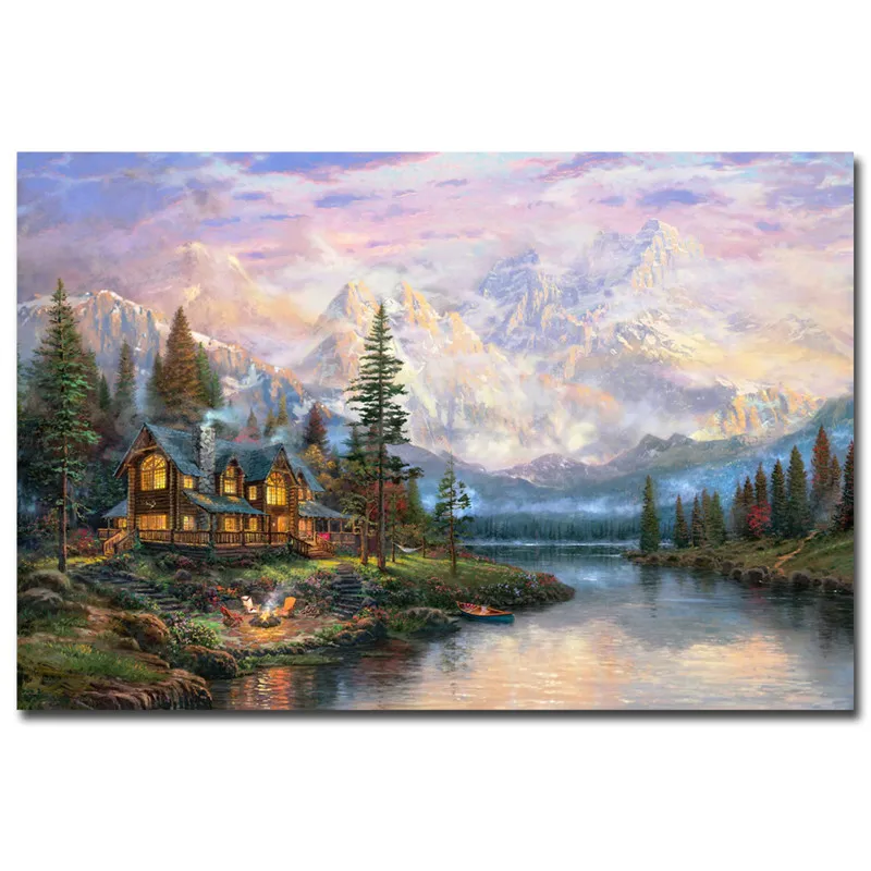Cathedral Mountain Lodge Thomas Kinkade Canvas Painting Print For