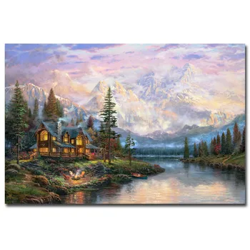 

Cathedral Mountain Lodge Thomas Kinkade Canvas Painting Print For Living Room Home Decor Modern Wall Art Oil Painting Poster