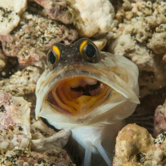 Gold-specs Jawfish in its hole with mouth open  Philippines Poster Print (11 x 17)
