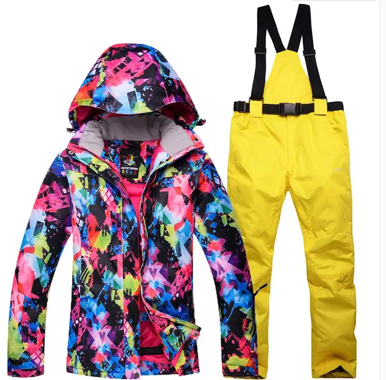 Лыжный костюм Женская лыжная куртка брюки зимний открытый дешевый лыжный костюм водостойкая Лыжная куртка брюки ветрозащитная одежда h300 - Цвет: yellow