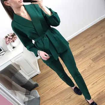 

2018 Sale Polyester Full Sashes V-neck Spring New Women's Suit Solid Color Outer Wear Women Fashion Suits Two-piece Female