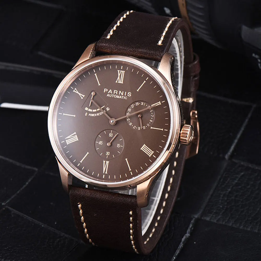 

42mm parnis Brown Dial Power reserve Auto Date Golden Plated Case Roman Numerals ST 1780 Automatic Mechanical mens Wristwatches