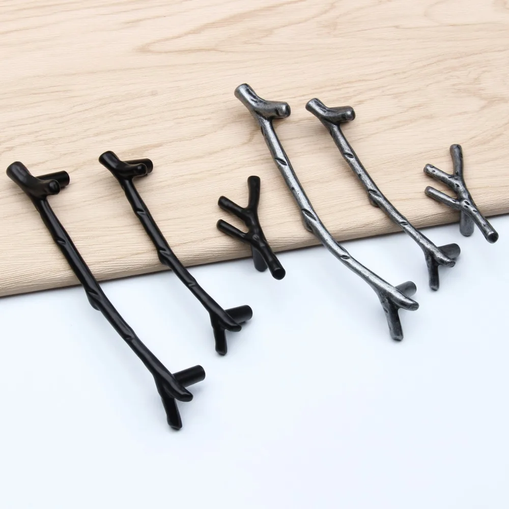

Zinc Alloy Vintage Style Door Knob Furniture Drawer Dresser Cabinet Kitchen Branches Handles Sliver Black Single Hole/96mm/128mm