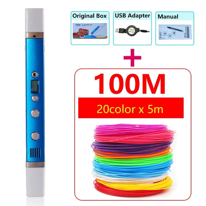 Myriwell 3d Ручка RP100C и 100 м PLA 1,75 мм filamen 3d печатная ручка USB мощность DC 5 В 2A безопасная 3D Ручка умный подарок для детей на день рождения - Цвет: blue pen add abs100m