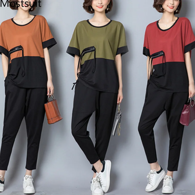

L-5xl Plus Size Summer Two Piece Sets Women Casual Short Sleeve Tops And Harem Pants Suits Elegant Korean Women's 2 Piece Sets