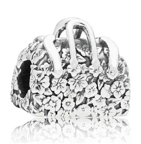 

New Year 925 Sterling Silver Bead Charm Vintage Mary Poppins Bag With Flower Beads Fit Pandora Bracelet Bangle Diy Jewelry