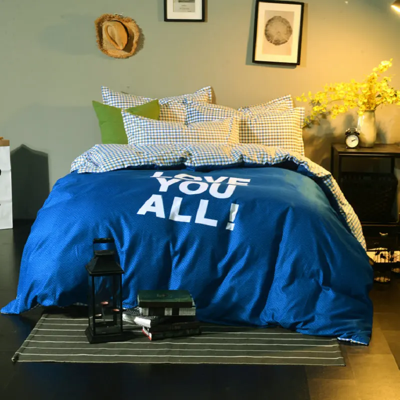 

Dark Blue+White Letters Pattern Home Textile Bedding Set Print Double Bed Sheet Queen Size 100% Cotton Soft Bed Set Pillowcase
