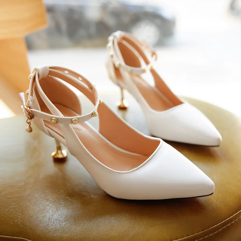 

Ankle Pearl Strap Pointed Toe Sexy Kitten Heels Shoes Ladies 2018 Spring Summer High Heel Pumps Women Wedding Shoe White