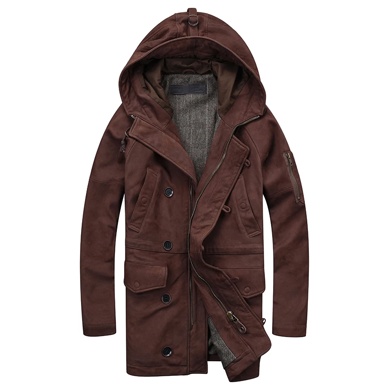

HARLEY DAMSON Dark Brown Men Hood Winter Casual Leather Jacket Plus Size XXXL Genuine Cowhide Russian Slim Fit Leather Coat