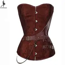 Brown Steampunk Corset Plus Size Outfit Overbust Gothic Korse Elastic Boned Retro Women Bustier Jacquard Floral Korset T-string