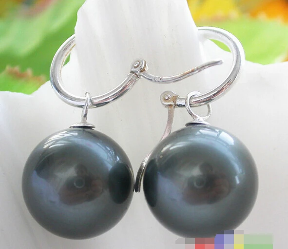 

free shipping 12257 BLACK ROUND SHELL PEARL DANGLE EARRING SILVER