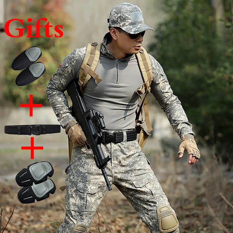 

ACU Ghillie Shirts Tactical Pants With Knee Pads Suit Men Hunting Camouflage Paintball Clothing Fighting Training Hiking Uniform