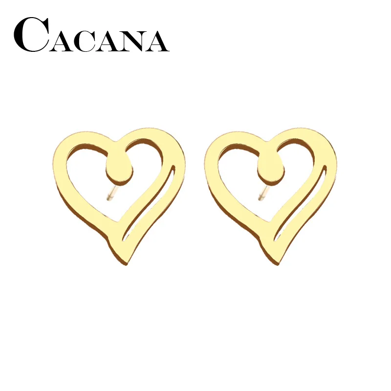 CACANA Stainless Steel Stud Earring For Women Man Heart Gold And Silver Color Lover's Engagement Jewelry Drop Shipping