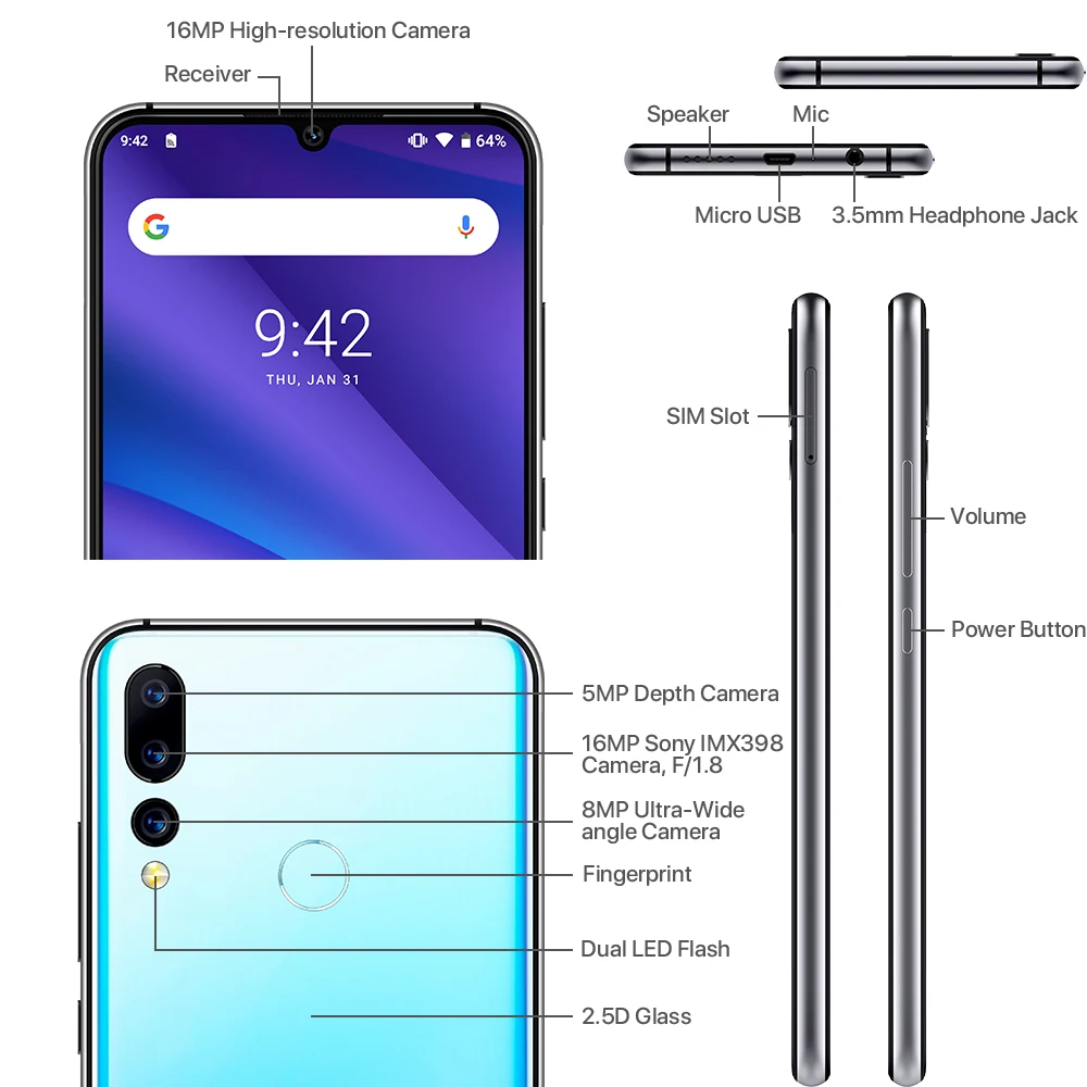 Универсальная версия UMIDIGI A5 PRO Android 9,0, четыре ядра, 6,3 'FHD+ капля воды, 16 МП, тройная камера, 4150 мА/ч, 4 Гб ram, 4G, мобильный смартфон