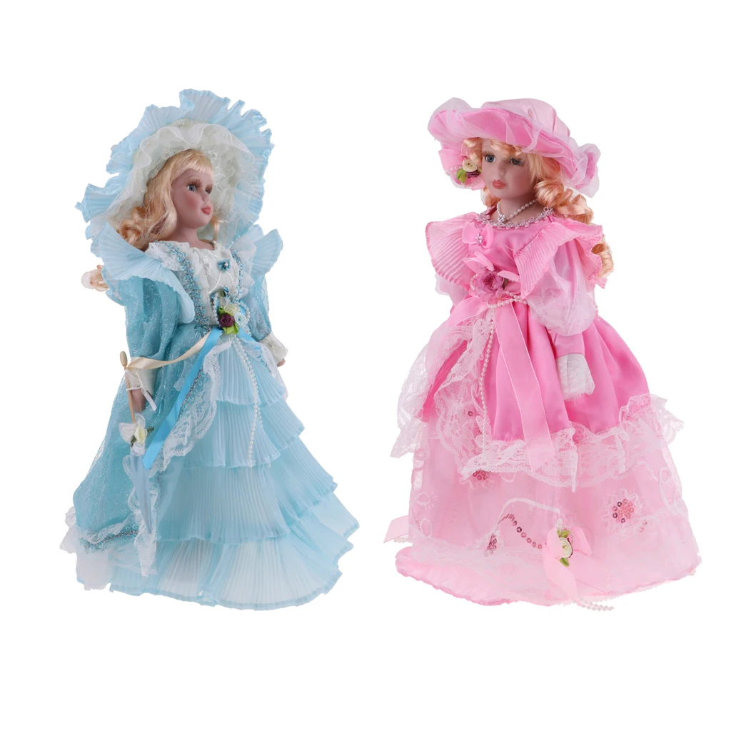 2pcs 40cm Victorian Porcelain Female Doll People Figure with Dress Home Display Decor