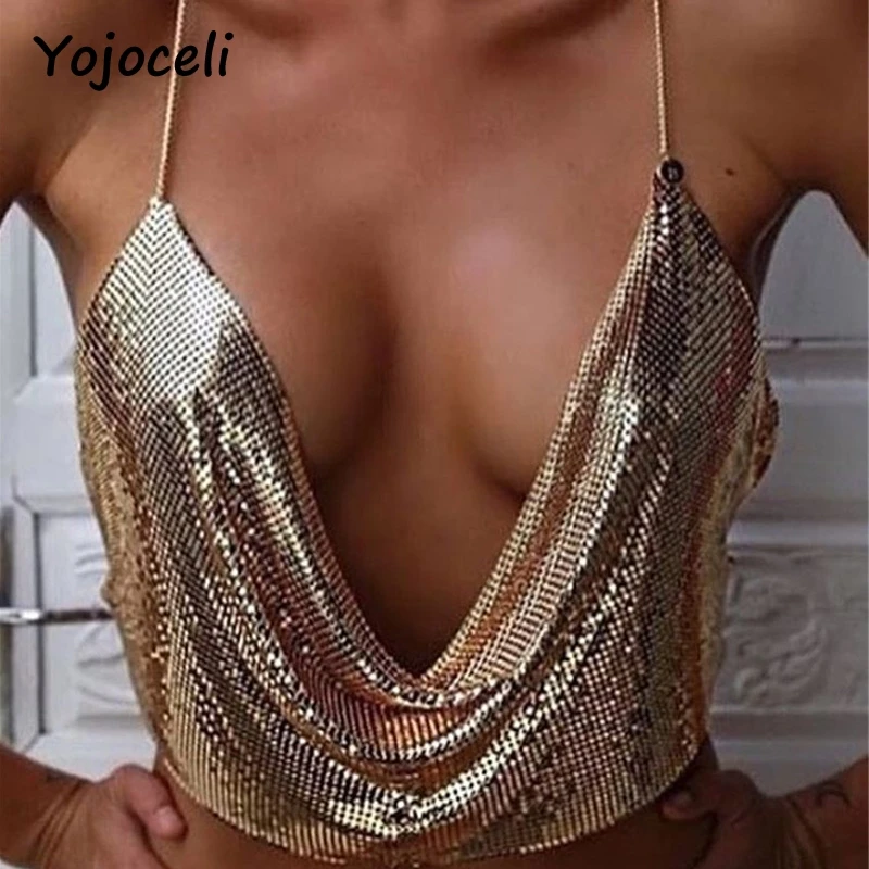 Yojoceli Bling Блестки Cami Top Для женщин Лето спинки укороченный Пляжный топ с глубоким v-образным вырезом на бретельках Топ - Цвет: Золотой