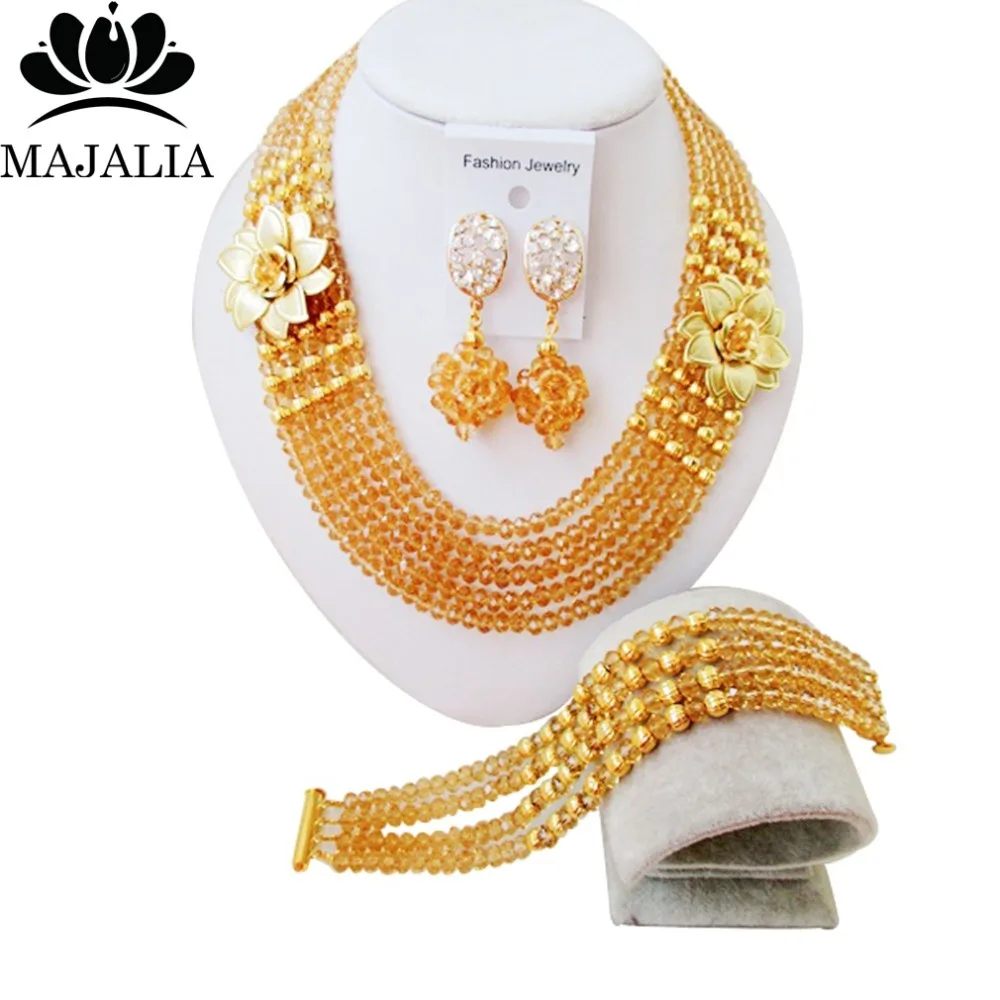 

Trendy Nigeria Wedding Gold Champagne african beads jewelry set crystal necklace bracelet earrings Free shipping Majalia-073