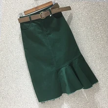 Летняя женская джинсовая юбка в Корейском стиле с высокой талией, зеленая, черная, эластичная юбка с оборками, женская одежда, Женская джинсовая юбка-годе