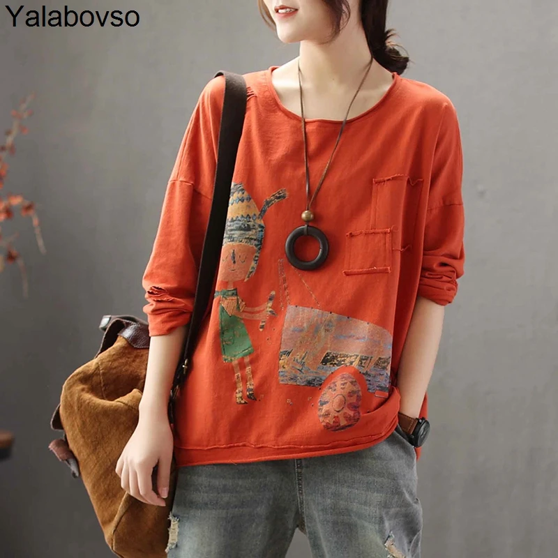 

Spring Cotton Retro Vintage Tees 2019 Women Loose O Neck All Match Pocket Patches Plus size T Shirts Yalabovso Tees Soft Tops Z3