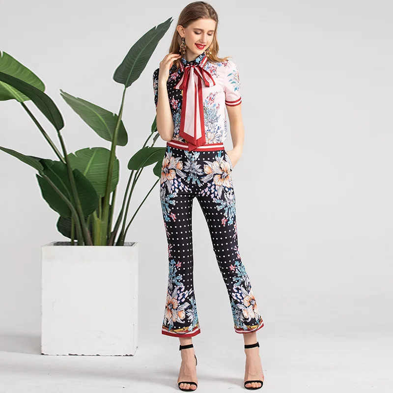 Modieuze temperament vrouwelijke bloem golf punt afdrukken set met revers-up korte mouwen en negen-punt trompet broek e91