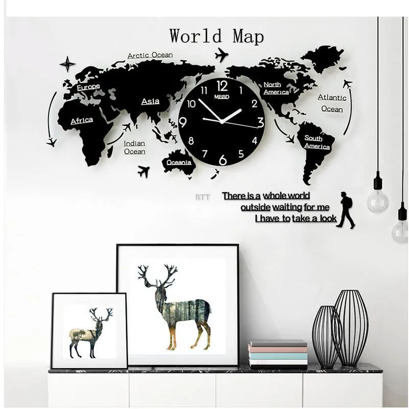 

120X55CM Large World Map Wall Clock Simple Nordic Modern Geometric Creative Decoration Clock for Living Room Background