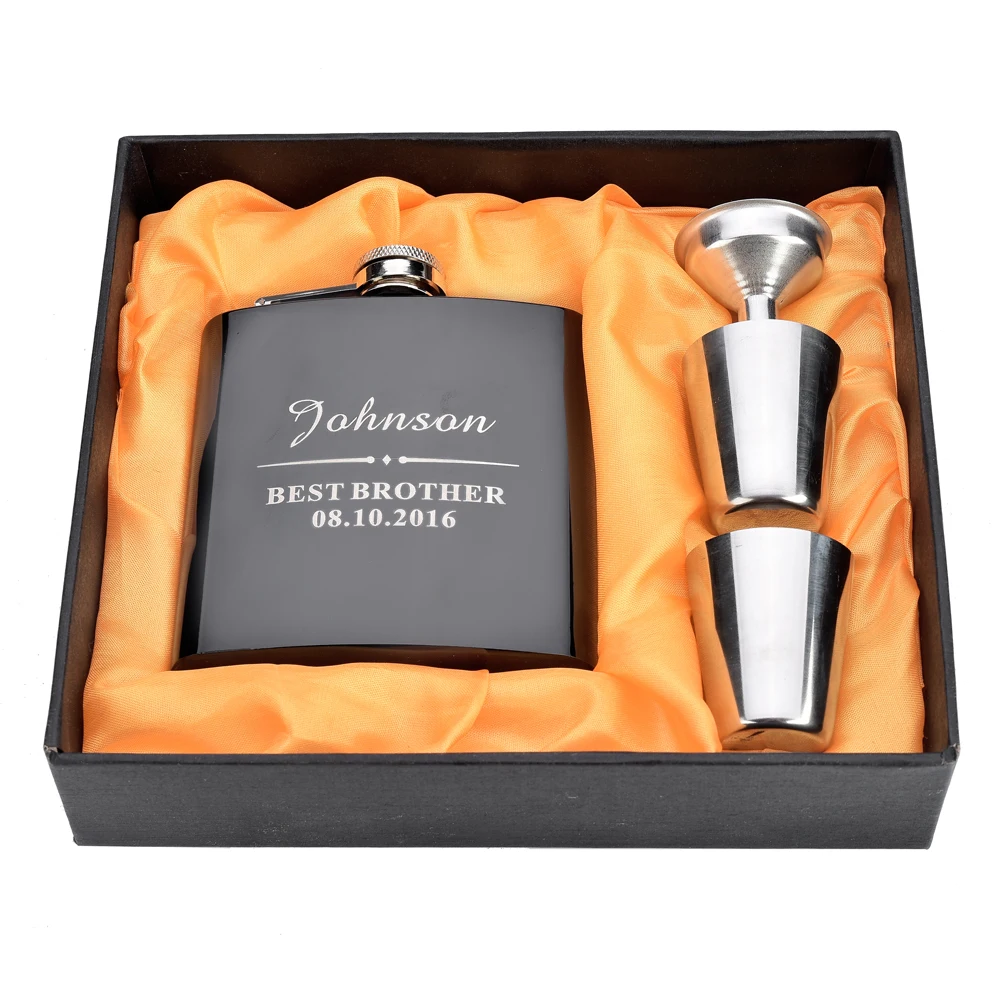 1 Set Personalized Engraved 6 oz Black Hip Flask Stainless Steel Wedding Birthday Valentine's Day Gift Favors FL02