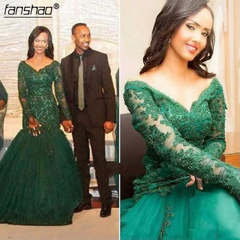 

Green Appliques Floor Length Full Sleeves Mermaid Evening Dress Long Women Formal Evening Gowns Celebrity Maxi Gown