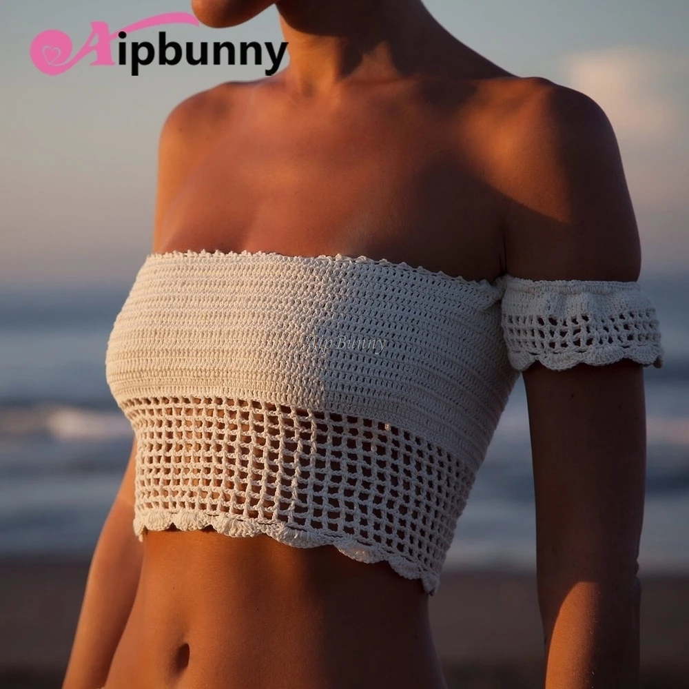 

2018 Knitted Suit Bathing Off shoulder femme Swimwear Bikini Tops Bands Women Crochet Swimsuit maillot de bain
