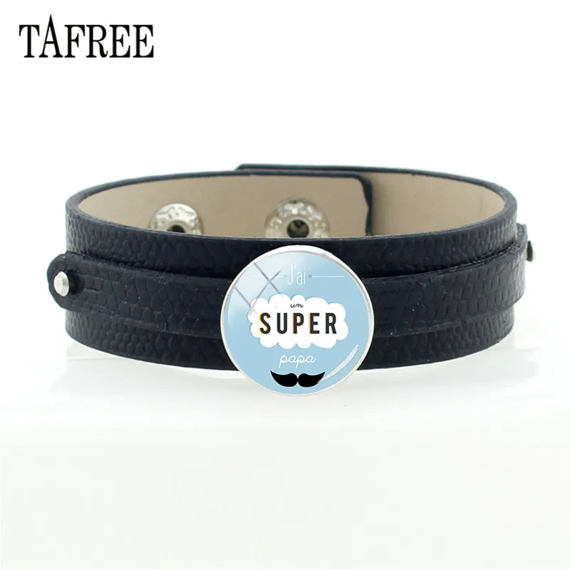 

TAFREE Super Papa Glass Cabochon Snap Button Bracelet French Letter Male Black PU Leather Punk Bangles For Father's Gift CT490