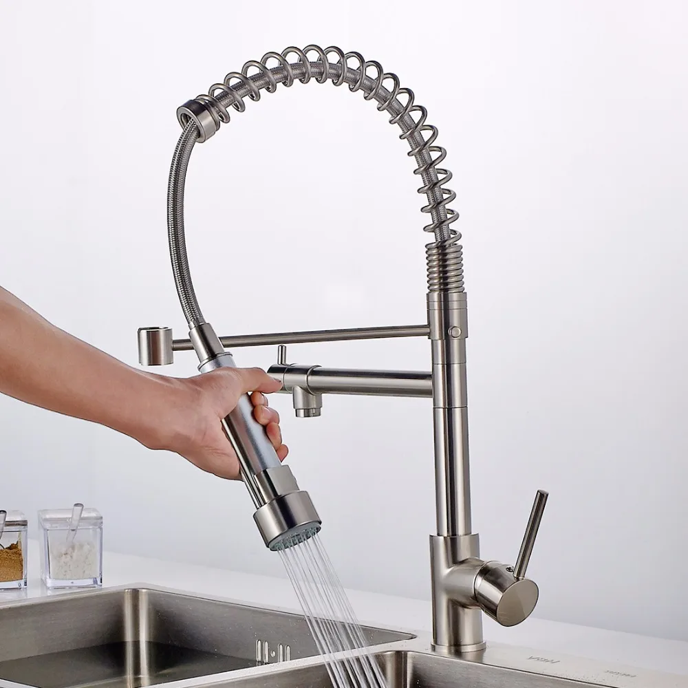  FLG Kitchen Faucet Golden Finish Hand Sprayer Spring Style Single Handle 360 Degree Rotating Cold H - 32775078870