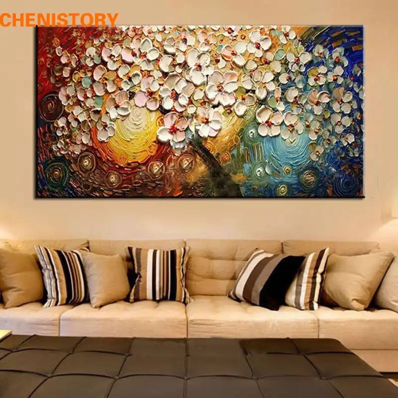 Unframed Panel Wall Art Palette Knife Hand Painted Red Tree Flower Oil