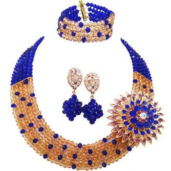 

Trendy Royal Blue Gold Crystal Nigerian Style Party Beads Necklace Sets for Women 5C-SZ-29