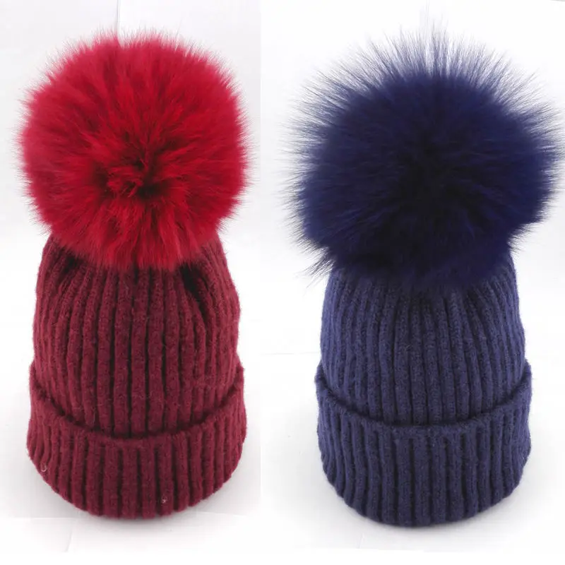 Unisex Kids Ages 2-10 Raccoon Fur Ball Winter Hat Knitted Pom Pom Cap Kids Beanie Hat