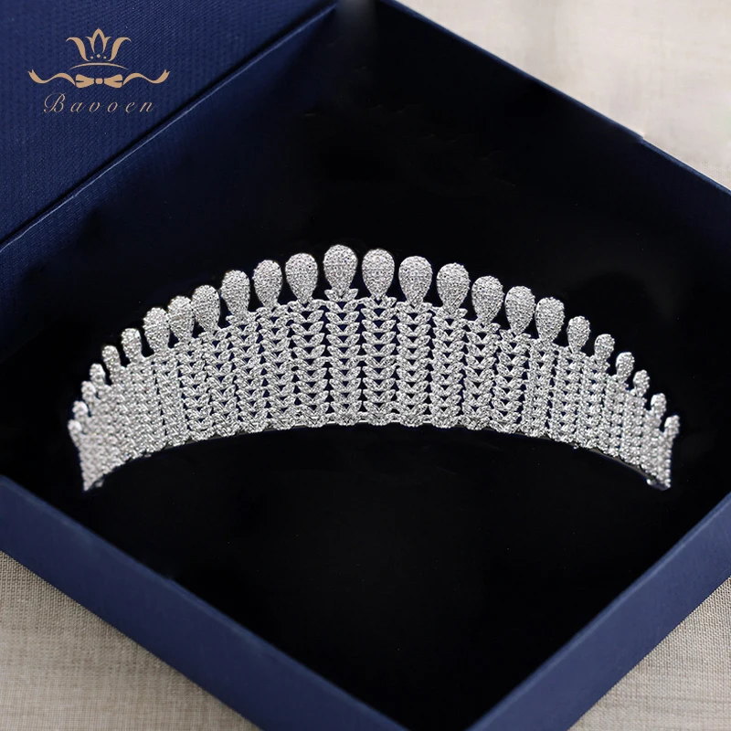

Bavoen Royal Queen Sparkling Brides Tiaras Crowns Full Zircon Bridals Headpieces Plated Crystal Wedding Hair Accessories