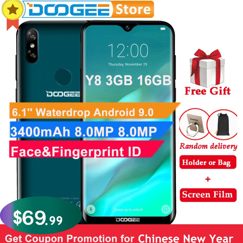 

Doogee Y8 3GB 32GB Android 9.0 Mobile Phone 6.1" FHD 19:9 Display 3400mAh MTK6739 Face Unlock Fingerprint ID 4G LTE Smartphone