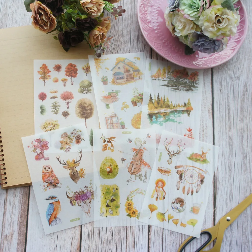 

6 Sheets Yellow Mysterious Forest Design Washi Paper Sticker As Scrapbooking DIY Wedding Gift Packing Decoration Tag