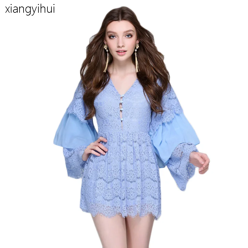 Fashion Elegant Women White Lace Dress Female Long Sleeved V-neck Women Korean Temperament Light Blue Dress Clothes for Women long-white-lace-dress