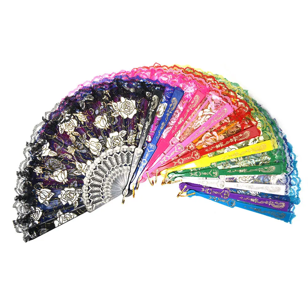 MENGXIANG 6 Colors Floral Lace Tulle Hand Fan Folding Wedding Birthday Party Wedding Decor Manual Fans Ingenious Gift