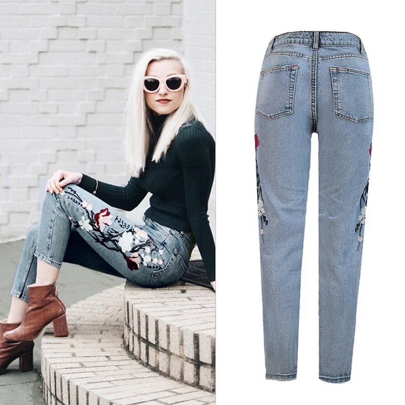 CamKemsey, джинсы размера плюс с высокой талией, женские, весна-осень, винтажные, с цветочной вышивкой, джинсы для женщин, повседневные, для мам, штаны, джинсовые брюки