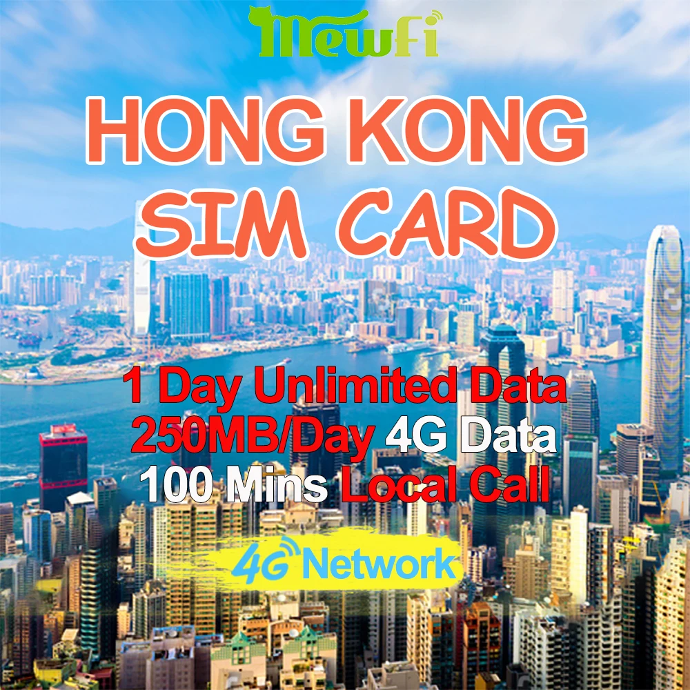 

Mewfi Hong Kong Travel Sim Card 1 Day UnlimitedData+100 Mins Call 250MB/Day 4G Data Three HK Network 3in1 Mobile Phone Sim Card