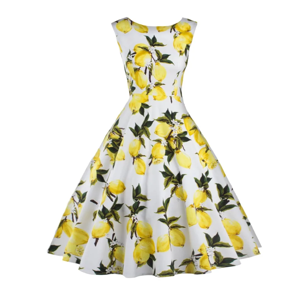 Buy Cheap Lemon Printing Swing 1950s Dress 2016 Lemon Printing Midi Length Vintage Dresses O-Neck Ball Gown Women Plus Size Summer Dress