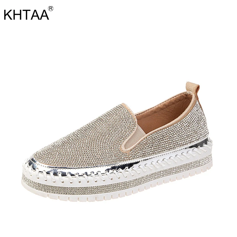 

KHTAA Crystal Women Flat Platform Spring Bling Loafers Slip On Shining Ladies Vulcanized Shoes Casual Glitter Footwear Female