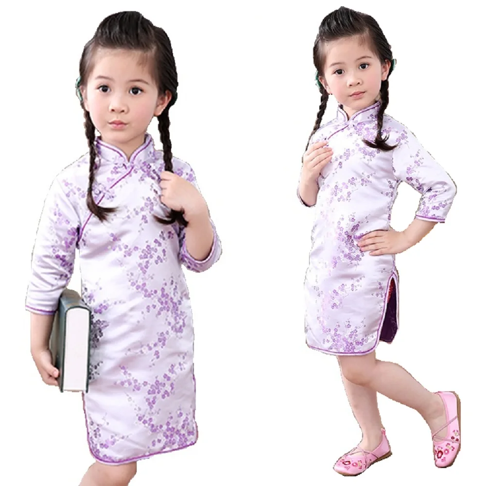 Plum Baby Girls Dress Chinese Qipao Clothes Sleeved Festival Party Children Dresses Kids Chi-pao Cheongsam 2 4 6 8 10 12 14 16 Y