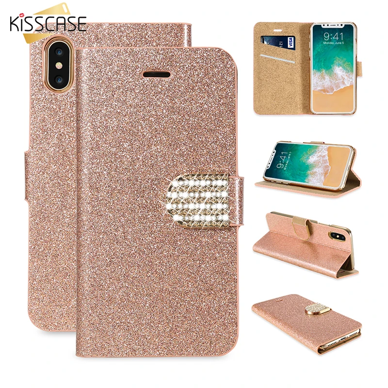 Beste KISSCASE Glitter Diamond Case Voor iPhone X 6 6 s Plus Flip Leather Case Luxe Rinestone Telefoon Tas Voor iPhone 5 5C 5 s SE 7 8 Plus